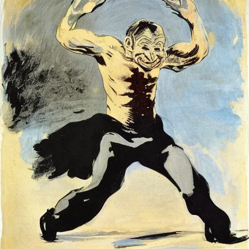 Image similar to hideous by vito acconci, by edouard manet ochre. illustration. a man with a large head & a small body is floating in the air, his arms & legs flailing. his clothes are tattered & he has a wild look in his eyes.