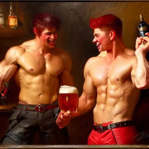 Image similar to attractive muscular male with red hair and attractive muscular male with black hair. pants and shorts, drinking their hearts out, having fun, in a pub. highly detailed and very defined painting by gaston bussiere, j. c. leyendecker, craig mullins 8 k