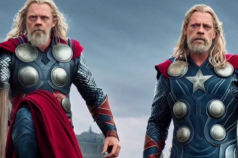 Image similar to promotional image of Hugh Laurie as Thor in the new Avengers movie, realistic, detailed face, movie still frame, promotional image, imax 70 mm footage