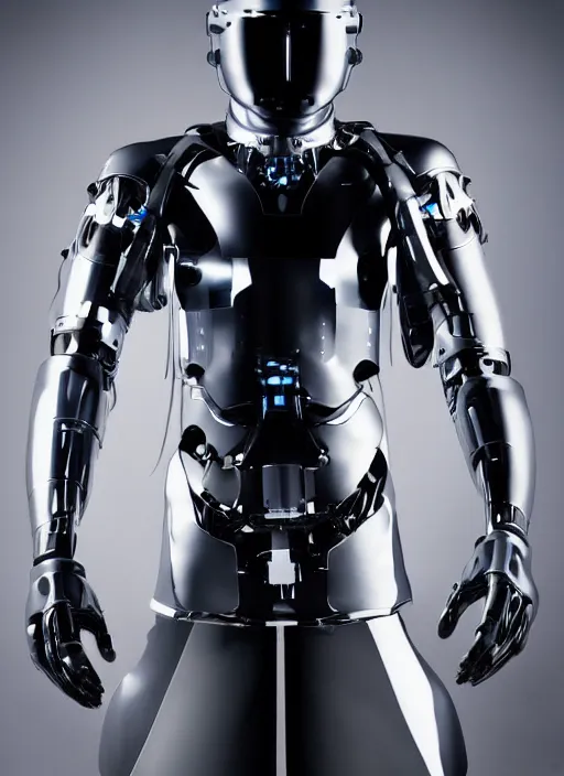 Prompt: Close upper body shot. Artistically angled subject. Professional studio portrait lighting. Technological male fashion photography. Mechanical cybernetic suit designed by Ikeuchi Hiroto. Wearable design. Hydraulics. Reflective domes. Intricate tech. Formfitting. Bulky wearables. Receiver Antennae.