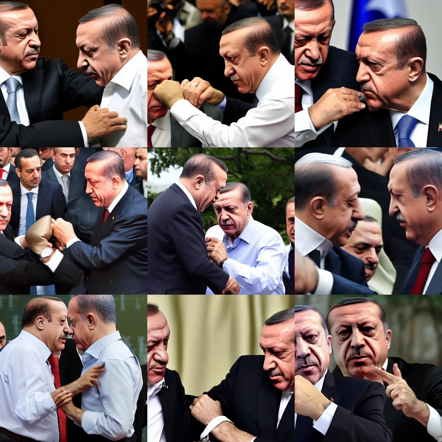 Prompt: recep tayyip erdogan punching benjamin netanyahu, hd, both faces visible