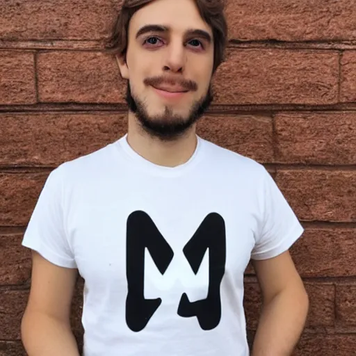 Prompt: a person wearing a t-shirt with the letters 'MMM'