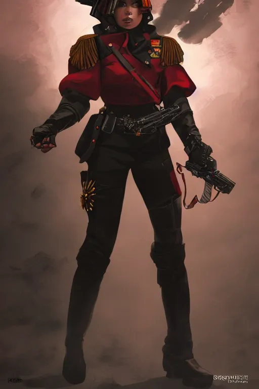 Image similar to Portrait of female commissar. warhammer 40k setting. Shaded lighting. by Ilya Kuvshinov, Rob Rey, Giuseppe Dangelico Pino. Cinematic. Dark Lighting. Rule of Thirds. Imposing, pointing, heroic, detailed, realistic, 8k, photorealistic