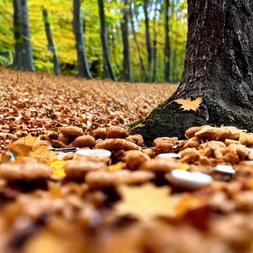 Image similar to a distant photo of a bowl of cereal on a forest floor in autumn while a shadowy man hides behind a tree