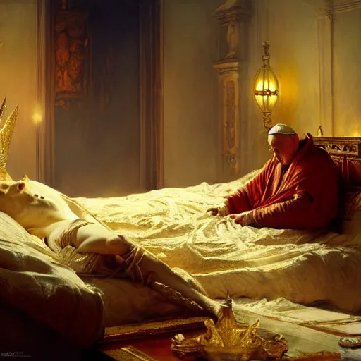 Image similar to the catholic pope in his bed, scared, because a horned shadow demon is approaching him. highly detailed painting by gaston bussiere, greg rutkowski, craig mullins 8 k