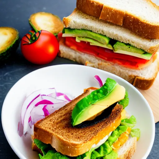 Image similar to sandwich with fried tofu, one red tomato slice, mayo, onion, avocado, melted cheddar, in a red dish, background with saturn and stars in the sky