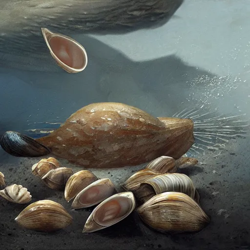 Image similar to bivalve, sea shell, mystery of the deep, quahogs. greg rutkowski, gustavo dore, national geographic, spiral, mollusc