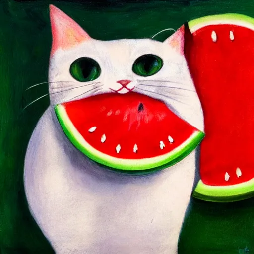 Prompt: a calico cat with a watermelon smile, in the style of leonora carrington