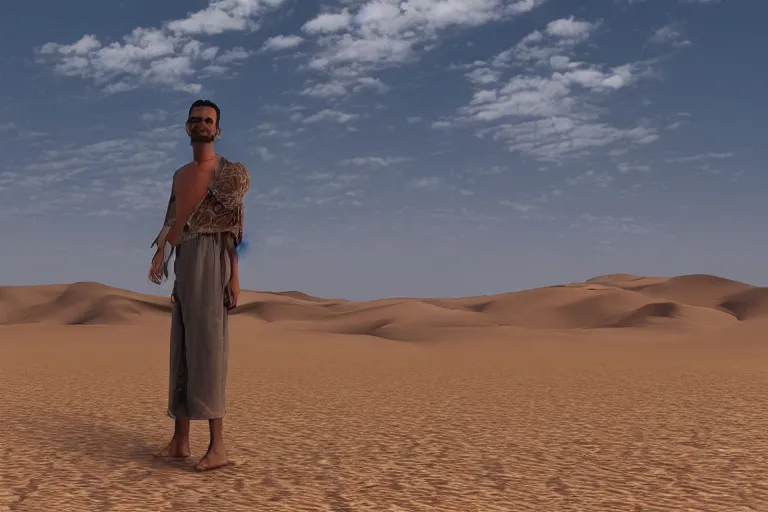 Prompt: detailed photo of wanderer found oaziz in desert, photorealistic