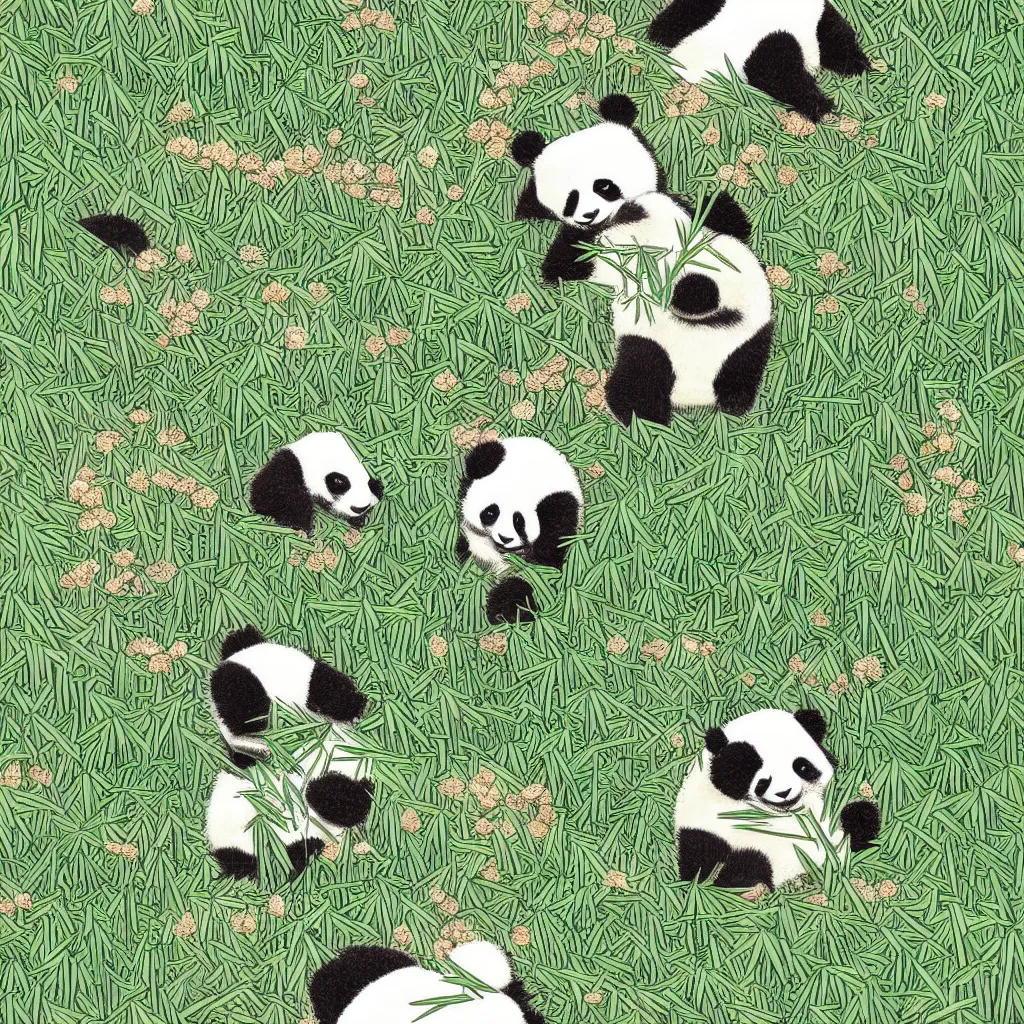 Image similar to isometric view illustration cute panda in bamboo forest, highly detailed mid day by victo ngai