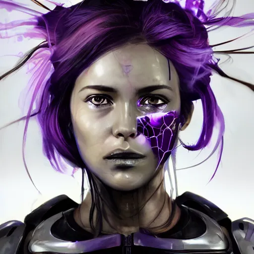 Prompt: extreme close up facial portrait of a beautiful woman with purple hair in power armor, bionic armor, void energy, glowing pupils, stoic, powerful, by benedick bana and artur bordalo and tom bagshaw and craig davison and guy denning and harumi hironaka, trending on artstation hq, deviantart, pinterest, 4 k uhd image