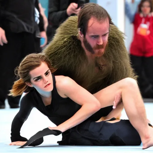 Image similar to emma watson grappling sasquatch to the ground, blurry focus