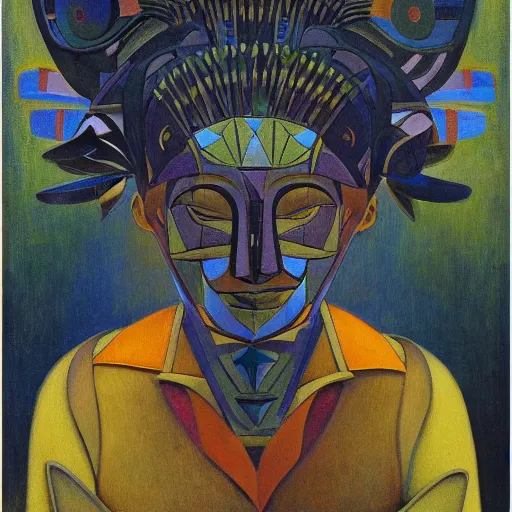 Image similar to head of a beautiful boy wearing a mask made of metal flowers, by diego rivera and john watkiss, art deco shaman, stylized geometric flowers, art brut, symbolist, dramatic lighting, god rays, iridescent beetles, clean crisp graphics, smooth sharp focus, extremely detailed, adolf wolfli