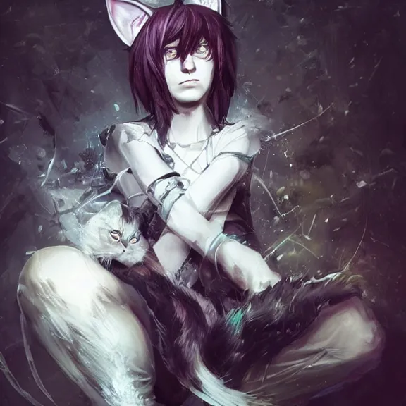 Prompt: emo boy with cat ears and tail, fantasy artwork, mid-shot, award winning, hyper detailed, very very very very very beautiful!, studio lighting, artstation