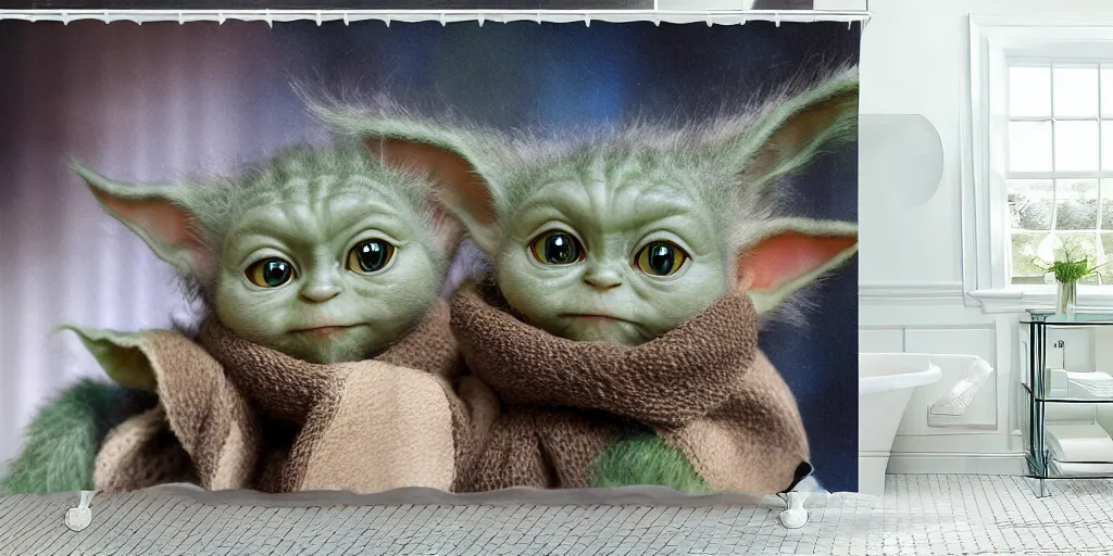 Image similar to a ( ( ( ( ( main coon kitten ) ) ) ) ) baby yoda themed shower curtain, shower curtain. product photography. product lighting. digital art. 4 k, highly detailed. saturated. baby yoda themed shower curtain.