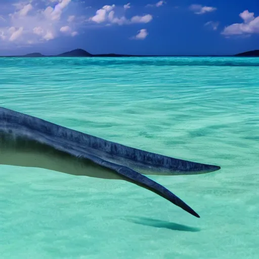 Image similar to photo of a plesiosaur swimming next to boat in crystal clear tropical water