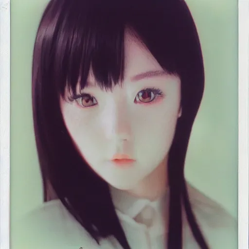 Prompt: polaroid of hyper real anime girl face shot cute by Tarkovsky