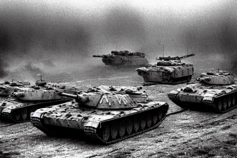 Prompt: flash photograph of russian tanks, accompany by soviet infantry squad, 1985, creepy, haunted, fog, atmospheric, vintage photo