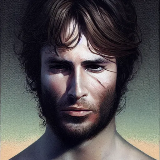 Prompt: a head - on portrait of a 2 0 - something man, brown messy hair, by wayne barlowe and charlie bowater