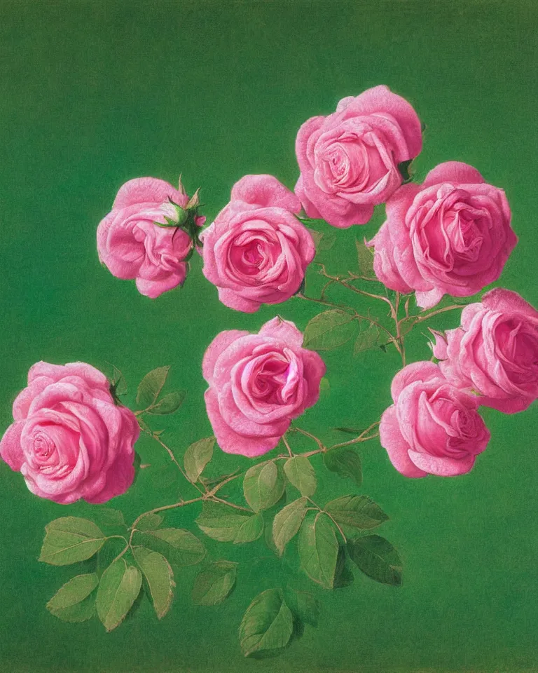 Image similar to achingly beautiful extreme close up painting of blooming pink rose on green background by rene magritte, monet, and turner. piranesi. macro lens, symmetry, circular.