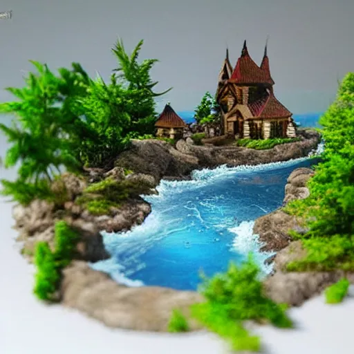 Prompt: digital art of a miniature diorama,water,detailed,intricate,artstation,3D,cartoony,amazing,pretty,cool,google images