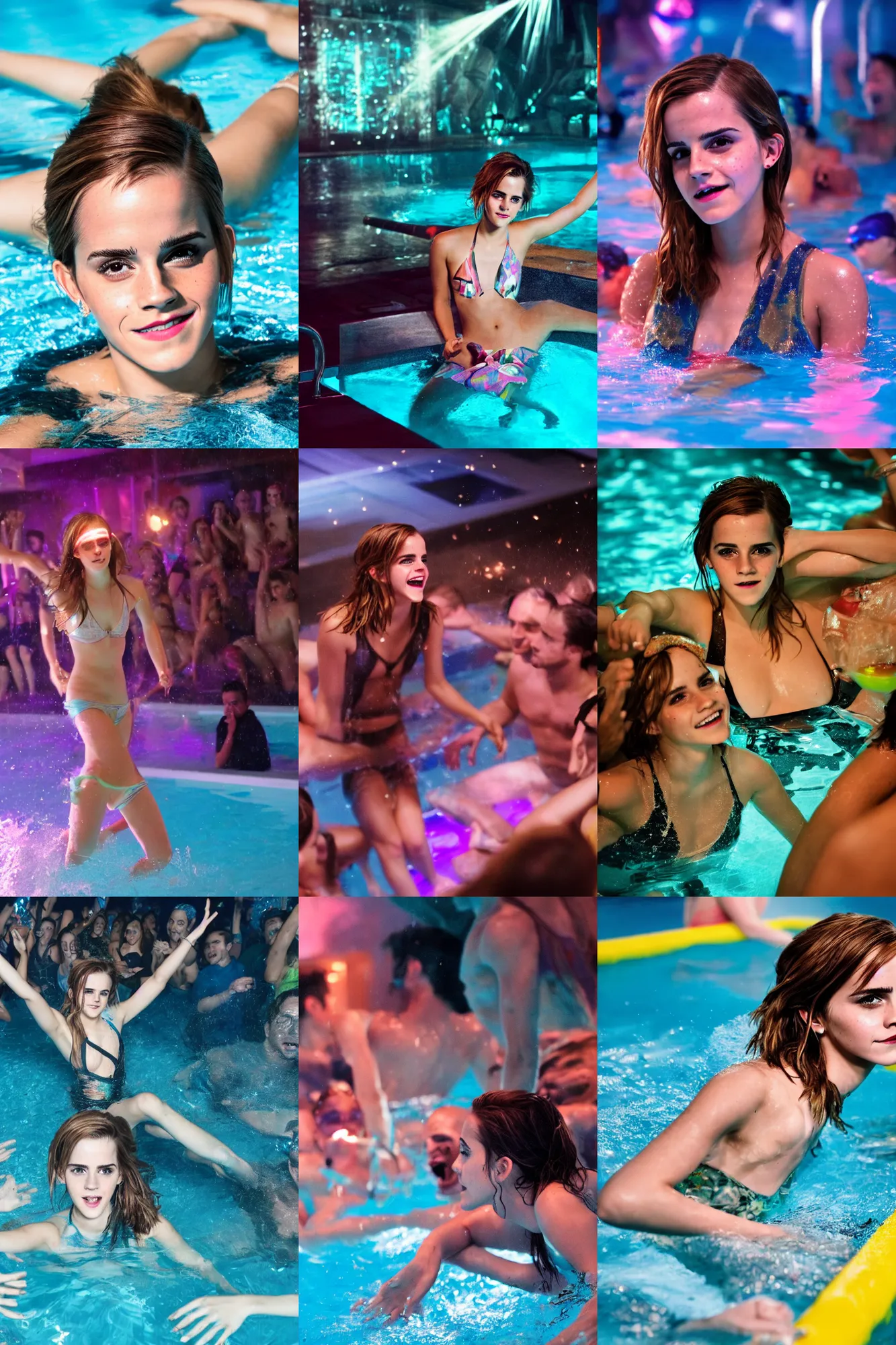 Prompt: A photo of Emma Watson having fun and partying hard in a pool party filled with people in a modern indoors pool with cyberpunk illumination at night . 4k photo, Hyper realistic