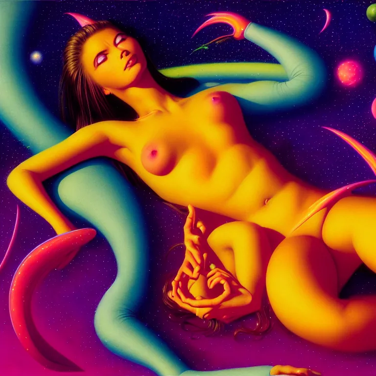 Image similar to cosmic girl, 2 0 yo, reclining close - up, bright neon colors, highly detailed, cinematic, panoramic, tim white, michael whelan, roger dean, bob eggleton, philippe druillet, vladimir kush, kubrick, alfred kelsner, boris vallejo