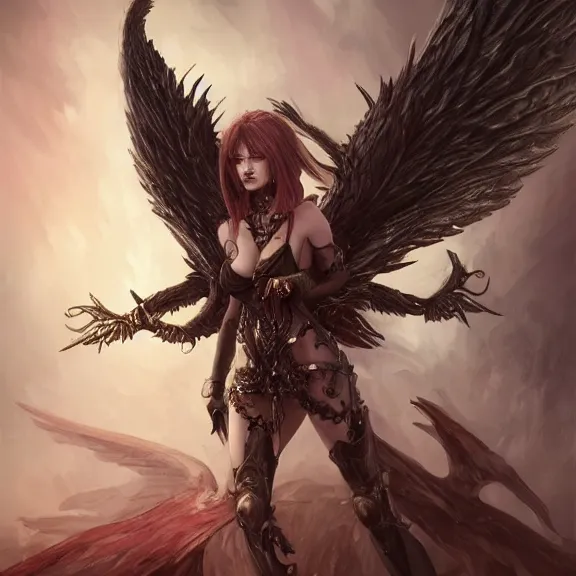 Prompt: a female angel with a dark armour and one pair of vig devil wings, d & d, fantasy, highly detailed, digital art, artstation, smooth, sharp focus, fantasy illustration, art by peter tang and artgem and alina ivanchenko and hirokazu yokohara and kago shintaro
