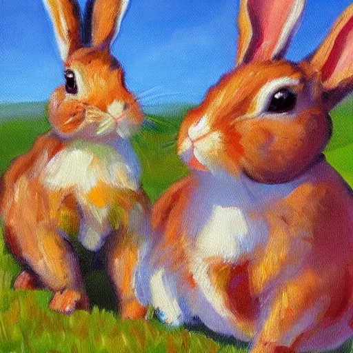 Prompt: impressionist oil painting of two rabbits on the lawn