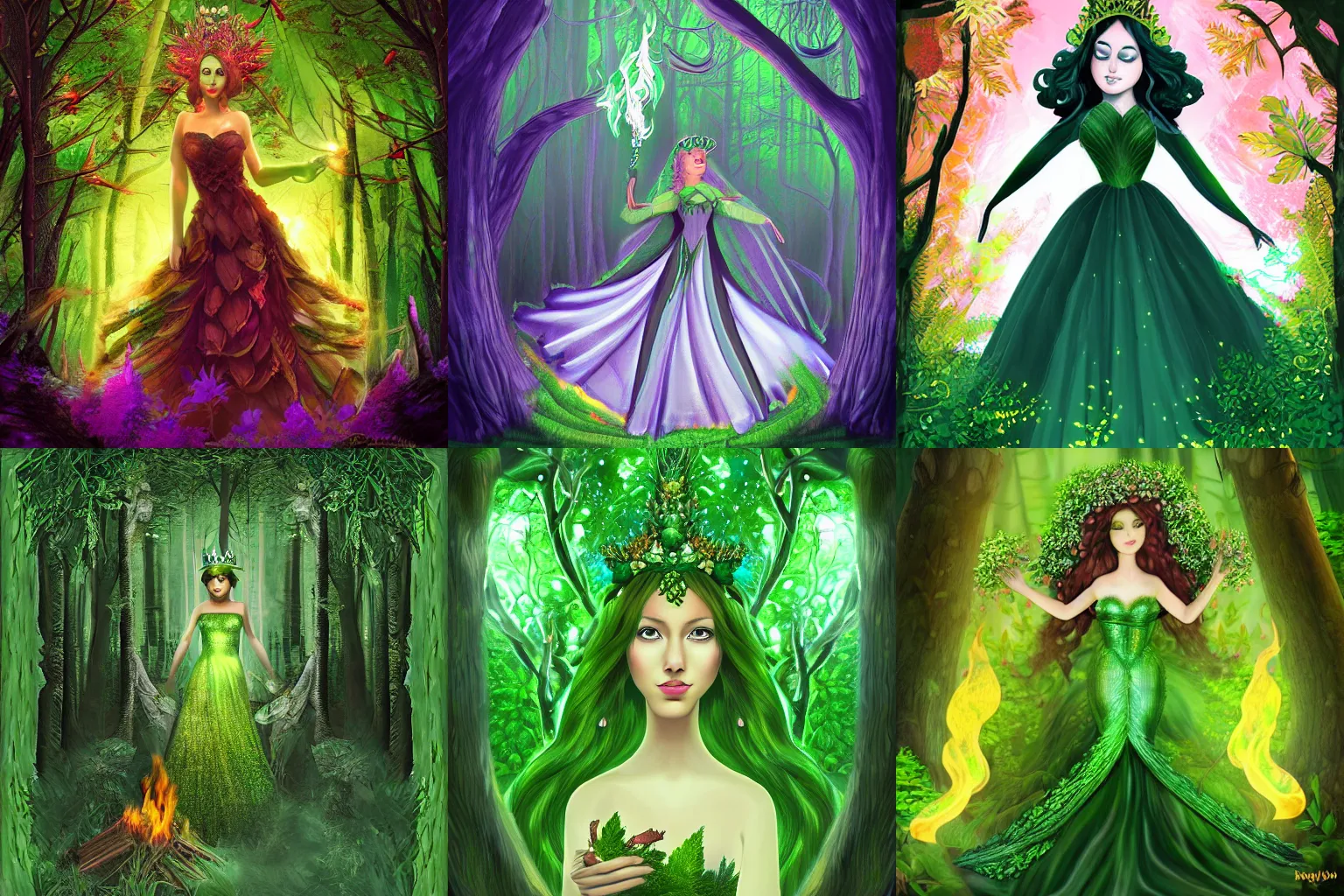 Prompt: a beautiful green Queen trying to put the fire in the magical forest, digital art