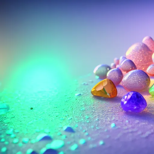 Image similar to macro photo of precious stones with fungal cultures and mold with little pastel coloured filaments, octane render, tilt shift, polarized light, ultrasharp focus, unreal engine 5, bokeh background, hyperrealism, vray