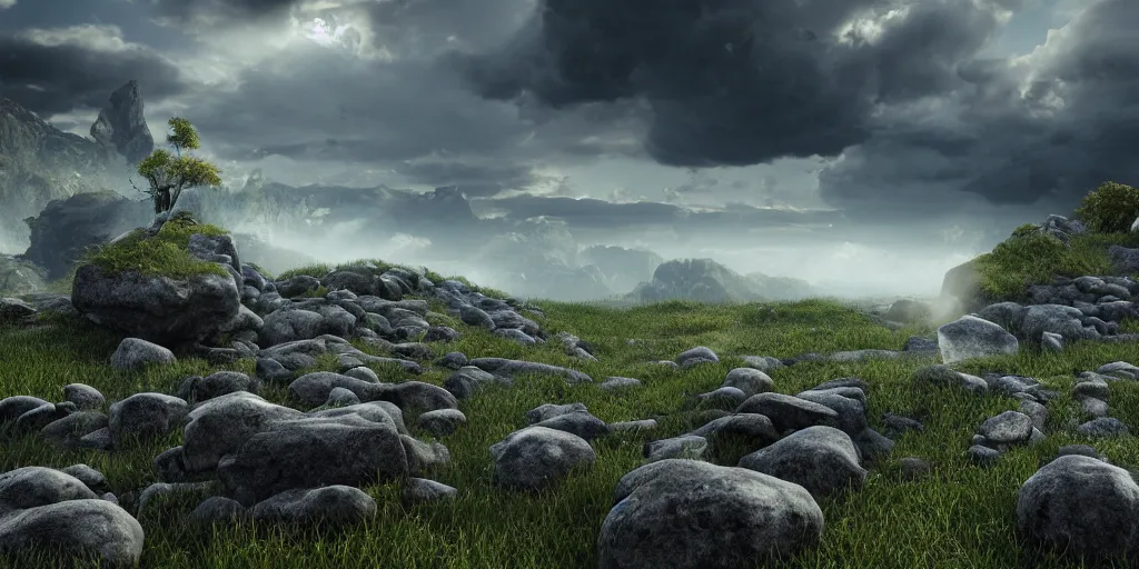 Image similar to Photorealistic epic landscape with floating rocks, with ominous clouds, levitating stones, a gente rising mist. photorealism, UHD, amazing depth, glowing, golden ratio, 3D octane cycle unreal engine 5, volumetric lighting, cinematic lighting, cgstation artstation concept art