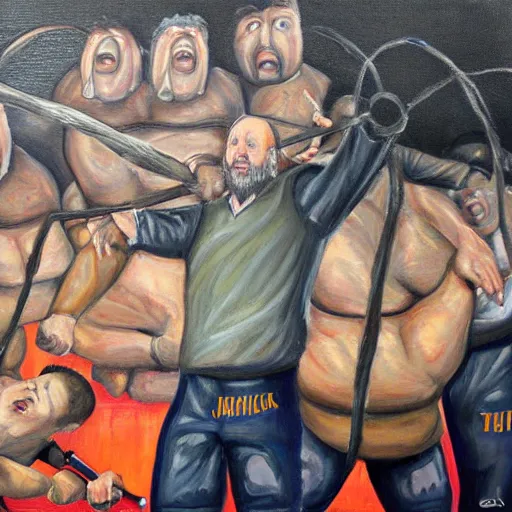 Prompt: a detailed painting of joel glazer being punished