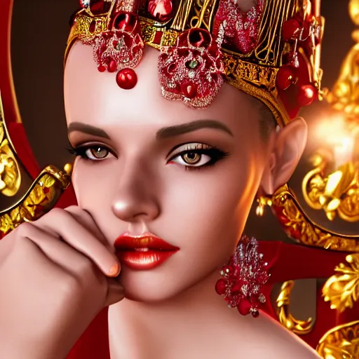 Image similar to wonderful princess with smooth fair skin, alluring eyes, red jewelry, breathtaking, elegant, intricate, ornate backdrop, hyper detailed, accent lighting, 4 k glamour photography, octane render