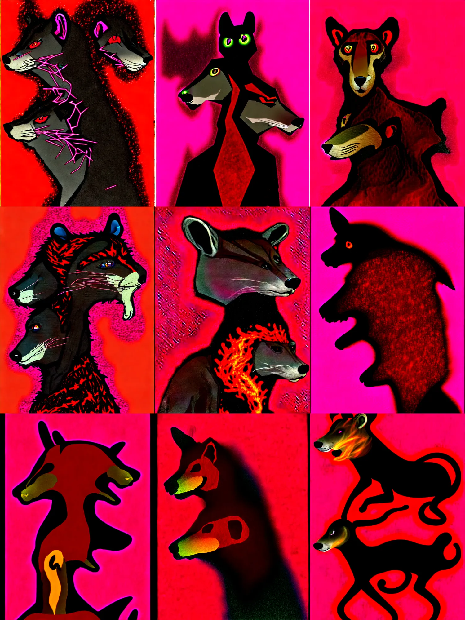 Image similar to handsome weasel fursona fullbody portrait, male, red - black, dark psychedelia style, refer to late timothy leary, schizophrenic art. dark and smoky