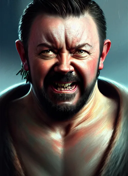 Image similar to portrait of ricky gervais as an orc, d & d, muscular! fantasy, intricate, elegant, highly detailed, digital painting, artstation, concept art, smooth, sharp focus, illustration, art by artgerm and greg rutkowski and alphonse mucha