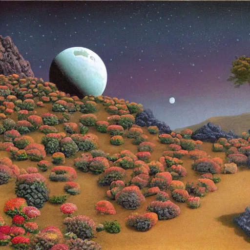 Image similar to a landscape on the moon with many craters, barren moon landscape, a broken moon lander, in a big crater at the center there is a beautiful flowering garden, 8 k, lowbrow in the style of martin johnson heade and daniel merriam and roger dean,