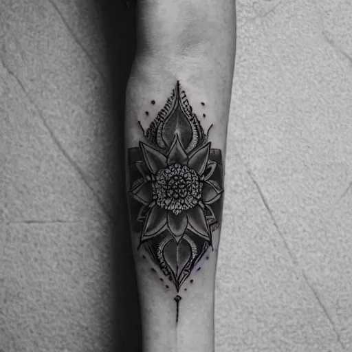 Prompt: photograph of a mandala tattoo depicting a monsters leaf