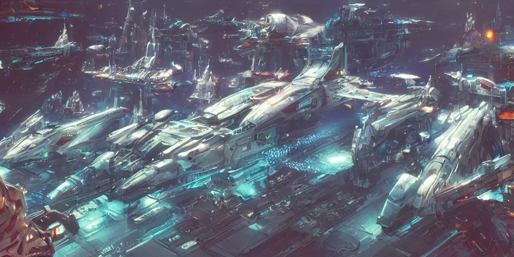 Prompt: A very detailed sci fi blender 3d model of huge white numerous spaceships blue wing and firing nozzles with superstructure deck under neon city, by john berkey, trending on artstation