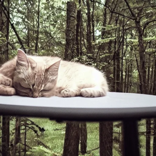 Image similar to a sleeping cat on a table, in a forest