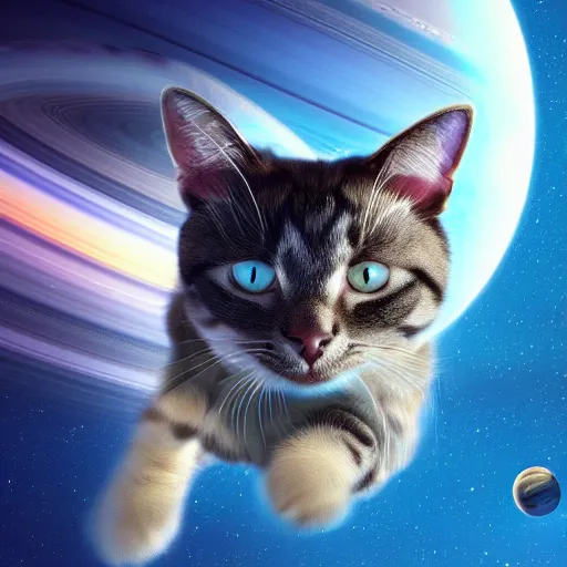 Image similar to A cat with beautiful blue eyes in a space suit jumping over the Saturn planet, digital illustration, concept art, 8k, trending on artstation, highly detailed