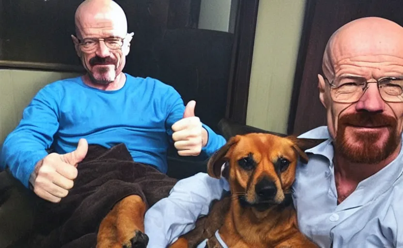 Image similar to walter white giving a thumbs up next to his dog, photo, selfie, trending, wholesome, supportive,