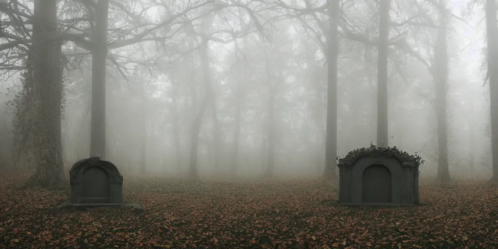 Image similar to a single tomb in the middle of a foggy forest, ornate, foggy