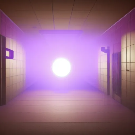 Image similar to a person standing in a dark hallway with a purple light, a 3D render by George Lucas, featured on polycount, cubo-futurism, volumetric lighting, rendered in unreal engine, cinematic lighting