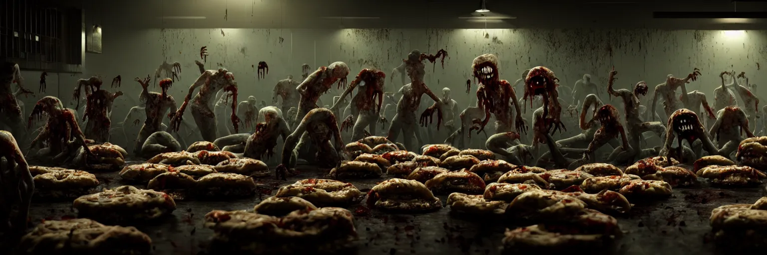 Image similar to undead zombies grabbing on moldy hamburgers with their hands inside a dark dingy restaurant, moldy hamburgers of various type all pile up very high around them, atmospheric lighting, foggy, very intricate details, hyper realistic, 8 k, movie concept art, octane render, - h 5 1 2