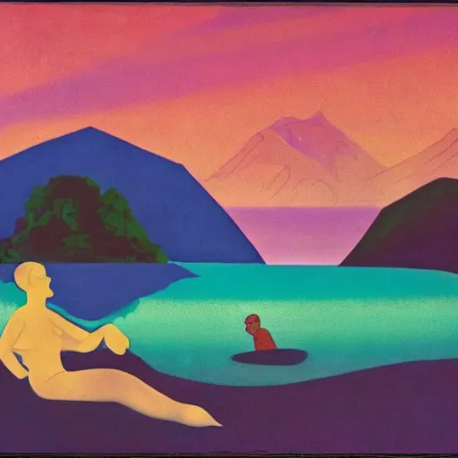 Image similar to a scenic view of a kid on a florest t with a ghost that shines near to a lake, pale light, a realistic colorful painting by Aaron Douglas