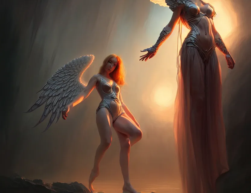 Prompt: the avenging angel descended and all shadows fled, a beautiful digital painting by wlop, volumetric light, intricate details, ultrarealistic, by art germ, by gerald brom, fantasypunk, deep colors, amazing d & d art, trending cgsociety, artstation, sharp, amazing wallpaper