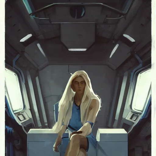 Image similar to concept art by greg rutkowski, a very tall, and slender blonde woman, wearing blue utilitarian jumpsuit, sitting in the spaceship command bridge, brutalist futuristic interior, dark lighting atmosphere, detailed portraits, nostalgic atmosphere, scifi, digital painting, artstation, concept art, smooth, sharp foccus ilustration, artstation hq