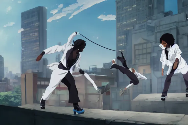 Image similar to a cute young black female ninja nurse wearing a diamond white coat is attacking an old man on a harlem rooftop, lighting, anime scenery by Makoto shinkai