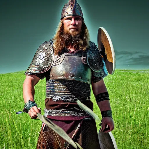 Prompt: a viking warrior in a grassy field, 4k digital art, high-resolution photograph, high detail